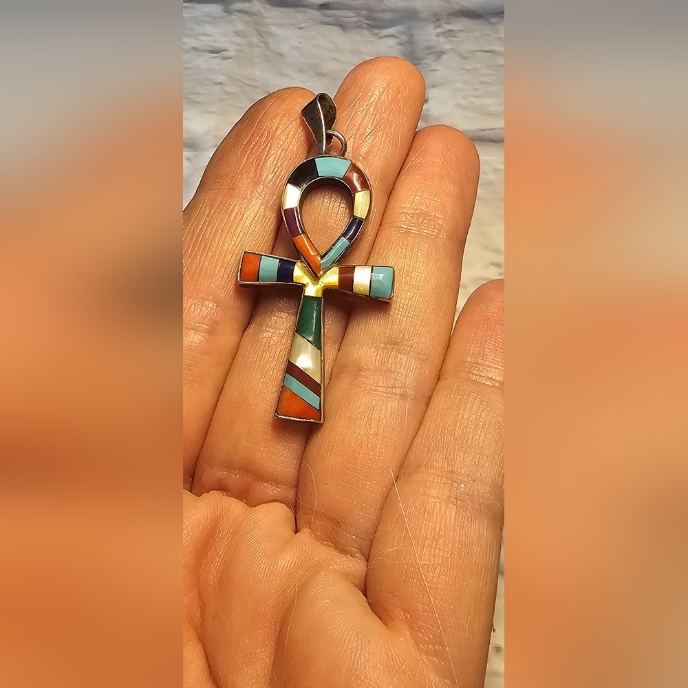 Sterling Silver 925 Multistone Ankh Pendant - Picture 6 of 6